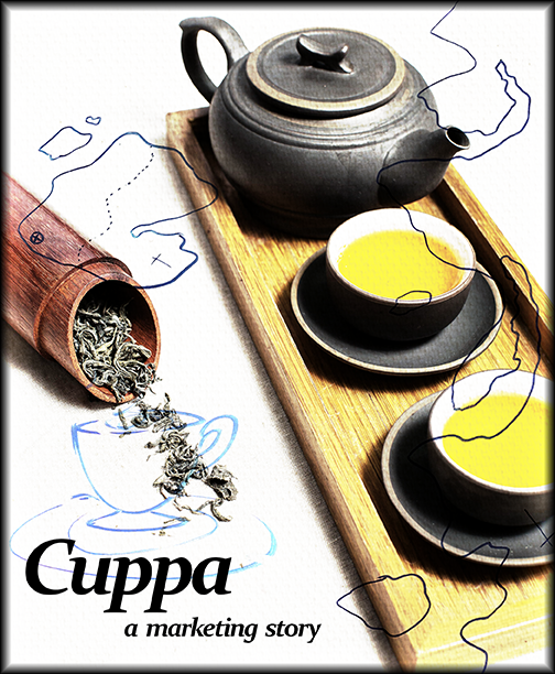 An illustration of a tea set imposed over a hand drawn map as a book cover